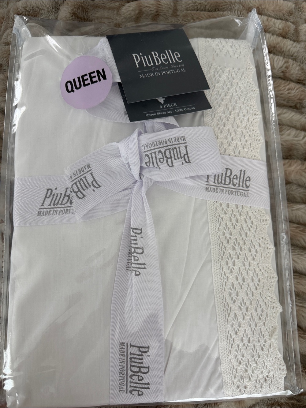 PiuBelle Queen Cotton Sheet Set with Lace Trim - White